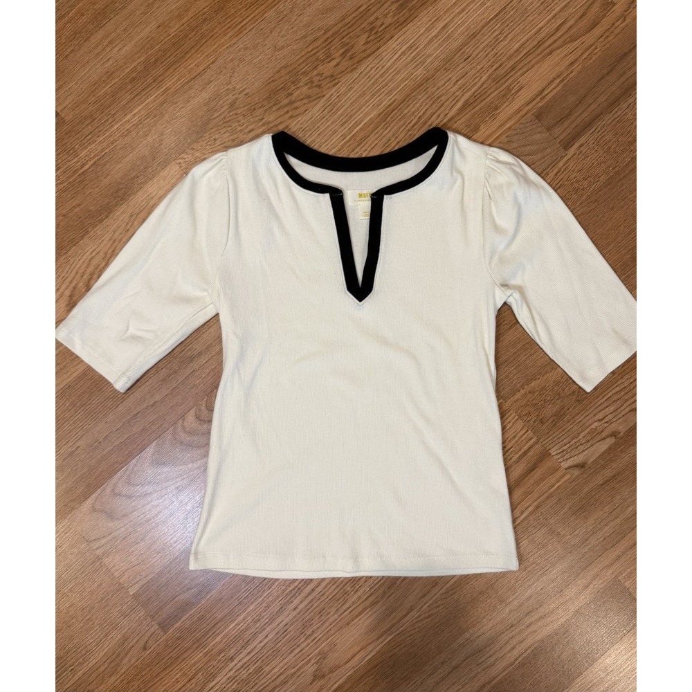 Anthropologie Maeve Split Key V-Neck Ribbed Knit Ivory Cream Top Shirt Sz SM
